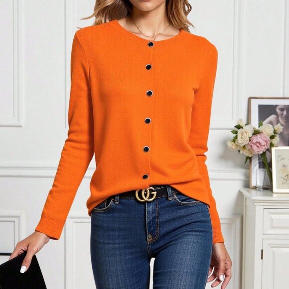 Orange Casual Women's Round Neck Front Button Cardigan - Picture 2 of 6